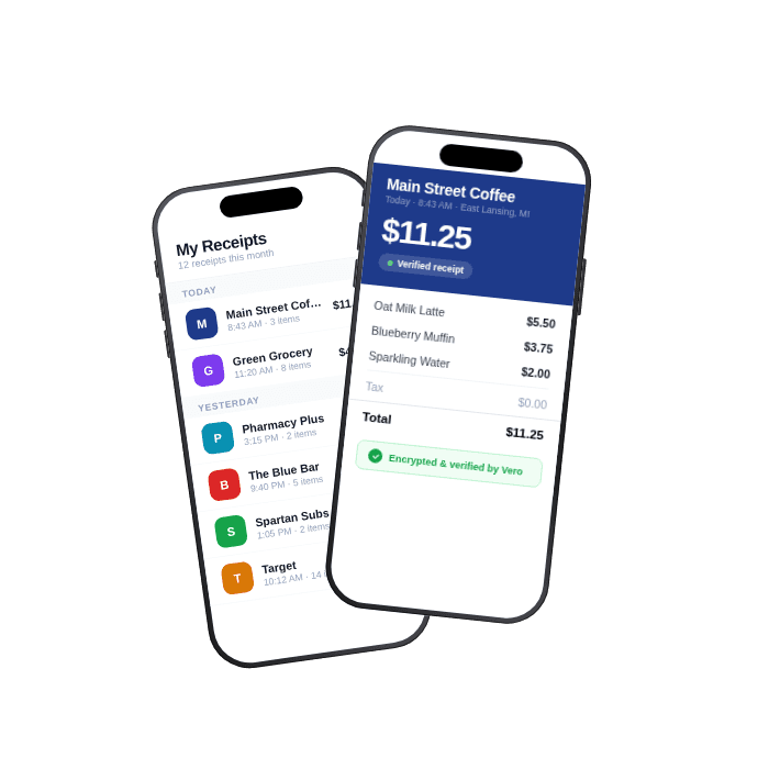 Vero app showing itemized digital receipts on phone